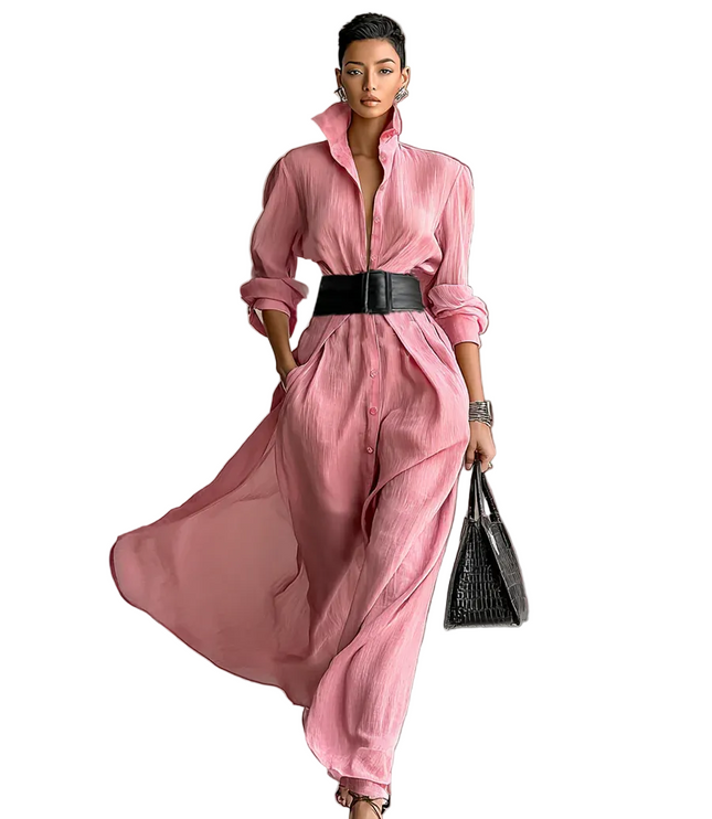Women's Maxi Dress with Lapel Collar and Waist Belt