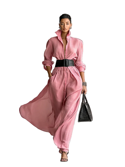 Vestido maxi para mujer con cuello de solapa y cinturón en la cintura