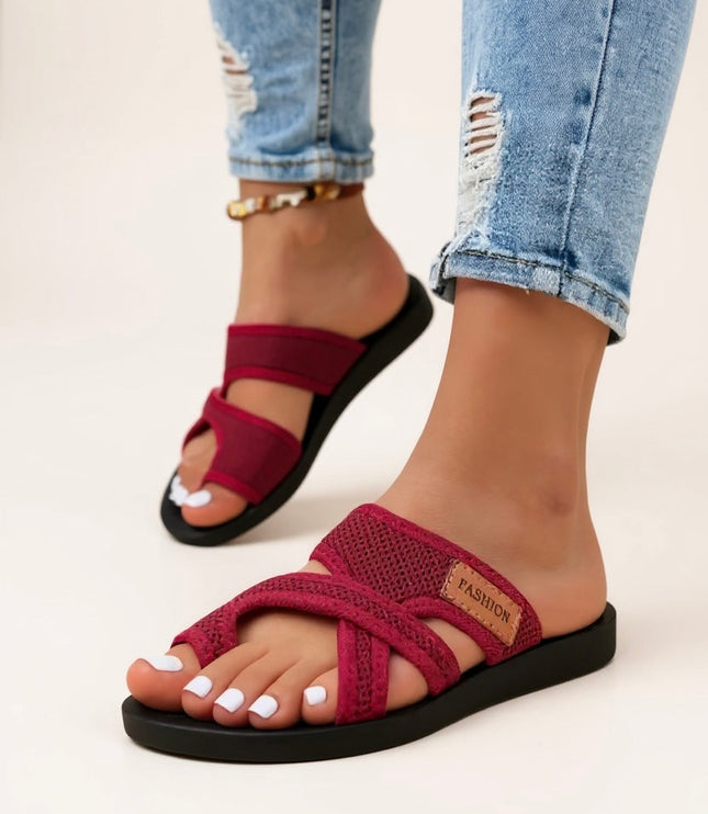 Burgundy mesh criss cross slides with cushioned footbed and black platform