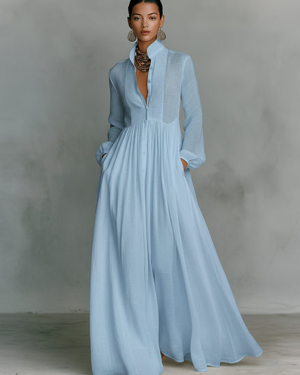 Light blue long sleeve stand collar maxi dress with button front and pockets
