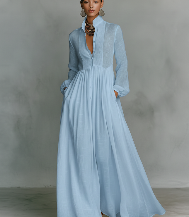 Light blue long sleeve stand collar maxi dress with button front and pockets
