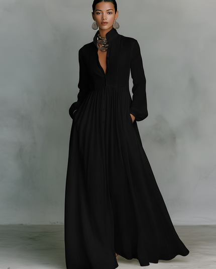Black long sleeve stand collar maxi dress with button front and gathered waist