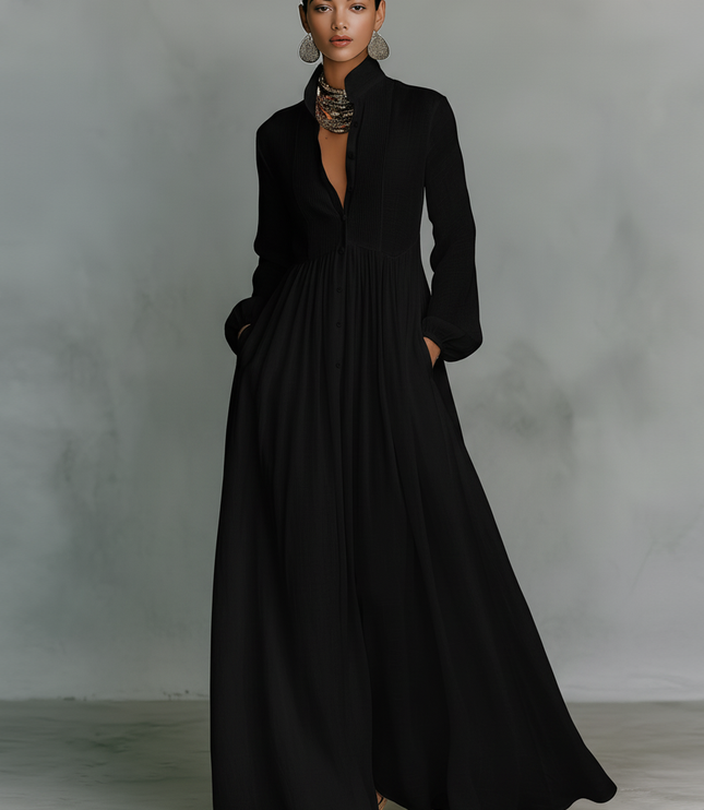 Black long sleeve stand collar maxi dress with button front and gathered waist