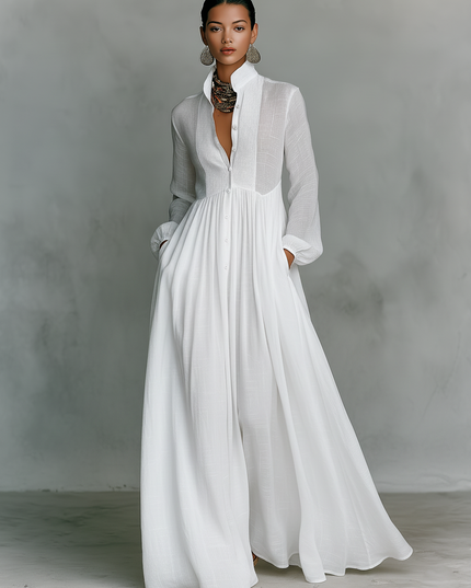 White long sleeve stand collar maxi dress full length front view with pockets