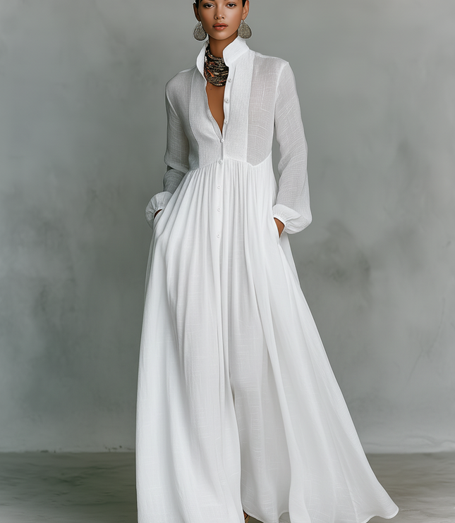 White long sleeve stand collar maxi dress full length front view with pockets