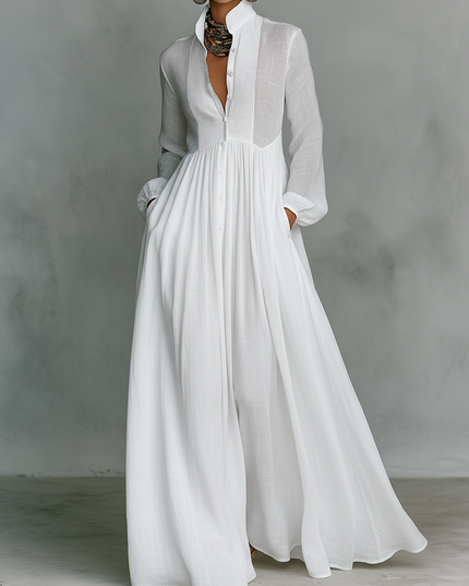 White long sleeve stand collar maxi dress with button front and pleated skirt