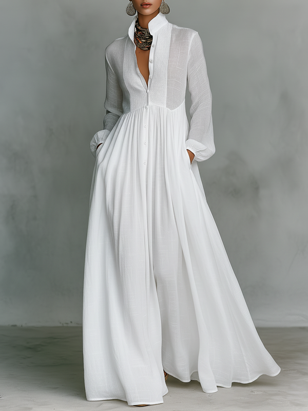 White long sleeve stand collar maxi dress with button front and pleated skirt