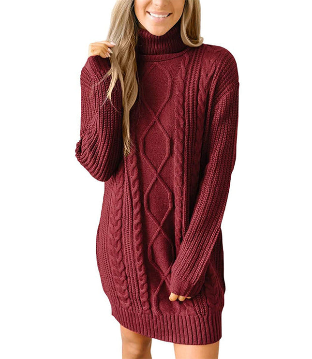 Women's Mixed Texture High Neck Cable Knitted Jumper Dress