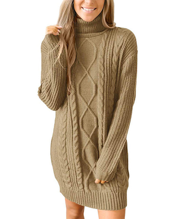 Women's Mixed Texture High Neck Cable Knitted Jumper Dress