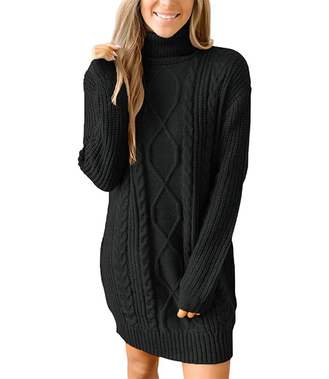 Women's Mixed Texture High Neck Cable Knitted Jumper Dress
