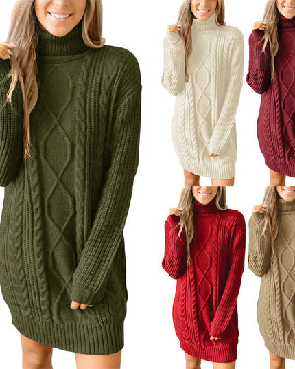 Women's Mixed Texture High Neck Cable Knitted Jumper Dress