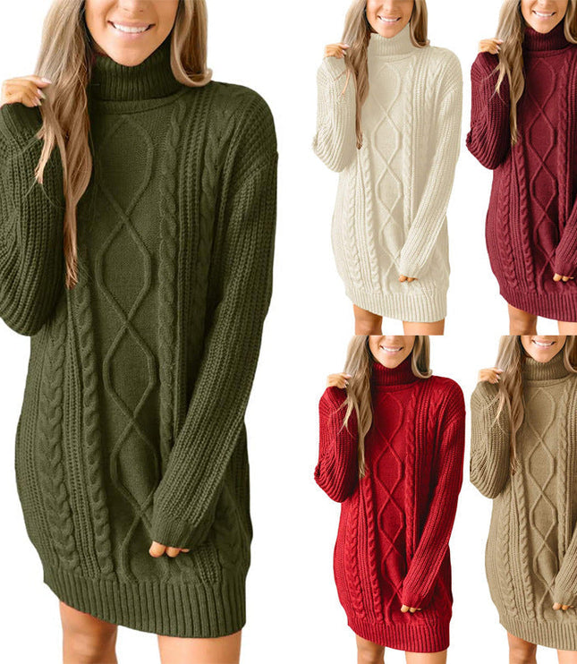 Women's Mixed Texture High Neck Cable Knitted Jumper Dress