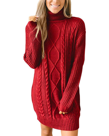 Women's Mixed Texture High Neck Cable Knitted Jumper Dress