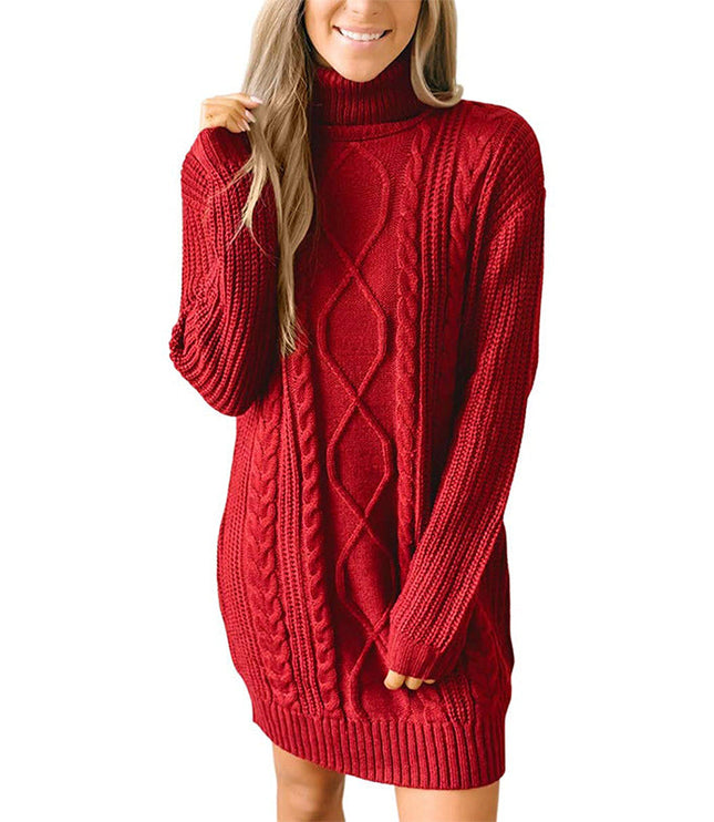Women's Mixed Texture High Neck Cable Knitted Jumper Dress