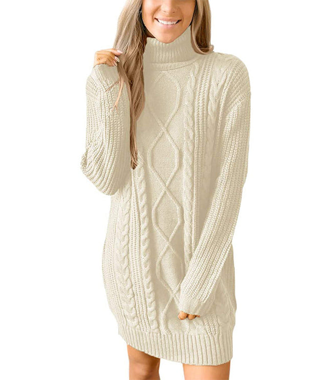 Women's Mixed Texture High Neck Cable Knitted Jumper Dress