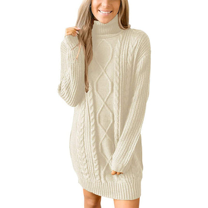 Women's Mixed Texture High Neck Cable Knitted Jumper Dress