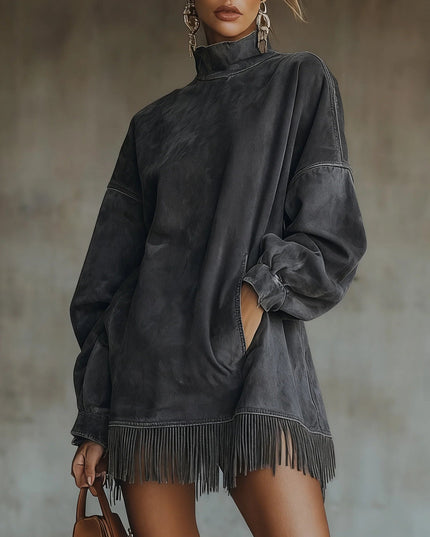 Briella | Women's Knit Sweater Dress with Fringe Hem - Olive Green - Image 5