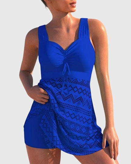 Royal blue sweetheart neckline modest swim skirt set front view