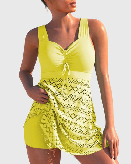Yellow sweetheart neckline swim set with lace mini skirt front