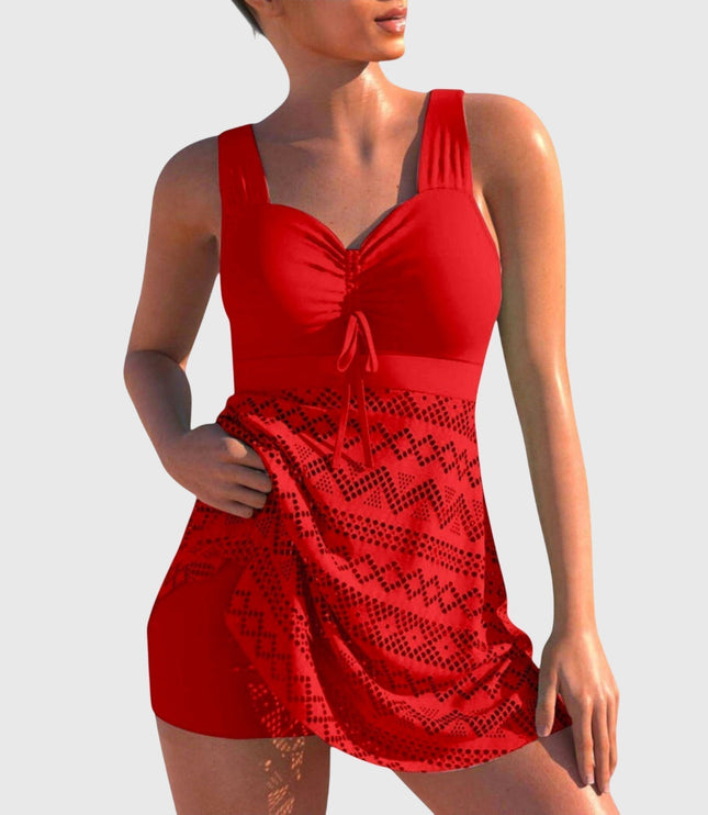 Red sweetheart neckline swim set with geometric lace skirt front