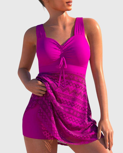 Magenta sweetheart neckline modest swim skirt set with lace