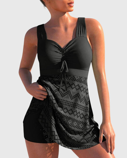 Black sweetheart neckline swim set with lace mini skirt front