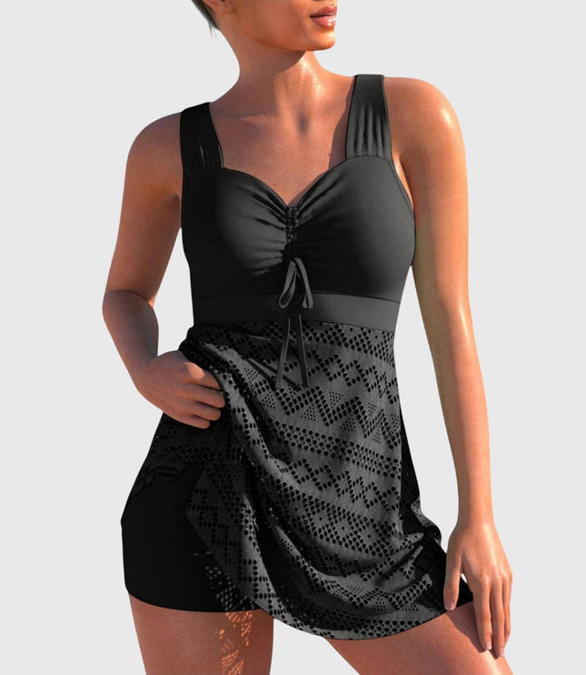 Black sweetheart neckline swim set with lace mini skirt front