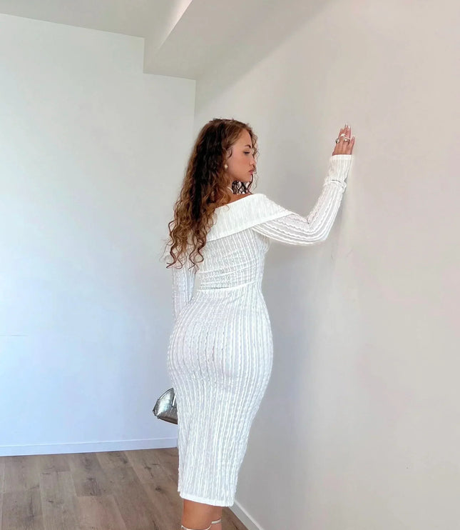 Back view of white off shoulder long sleeve midi dress with fitted ribbed fabric