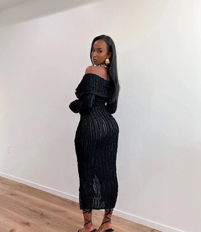 Black off shoulder long sleeve midi dress with textured ribbed detail and front slit