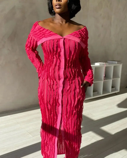 Back view of black off shoulder midi dress with long sleeves and bodycon fit