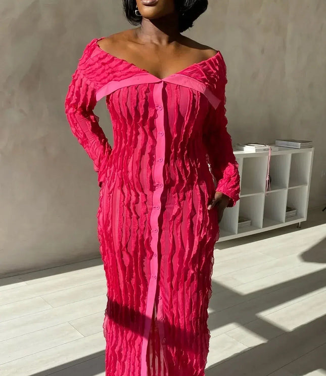 Back view of black off shoulder midi dress with long sleeves and bodycon fit