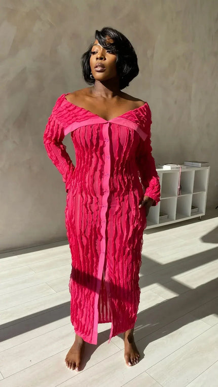 Back view of black off shoulder midi dress with long sleeves and bodycon fit
