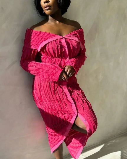 Close-up of pink off shoulder midi dress with long sleeves and button front