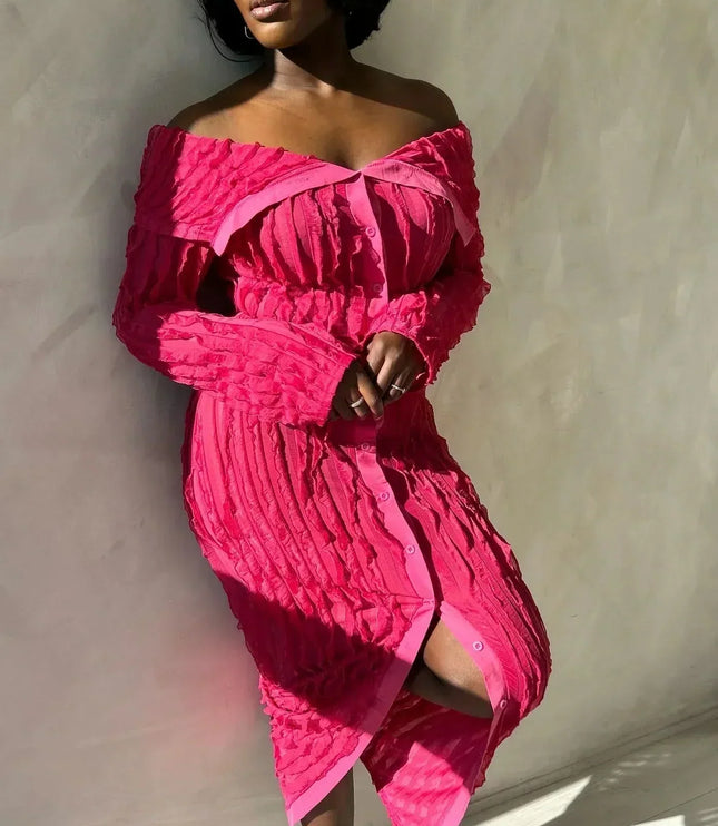 Close-up of pink off shoulder midi dress with long sleeves and button front