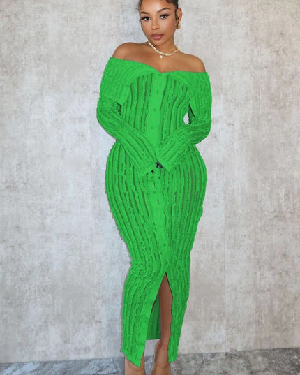 Green off shoulder midi dress with long sleeves, ribbed texture and front slit