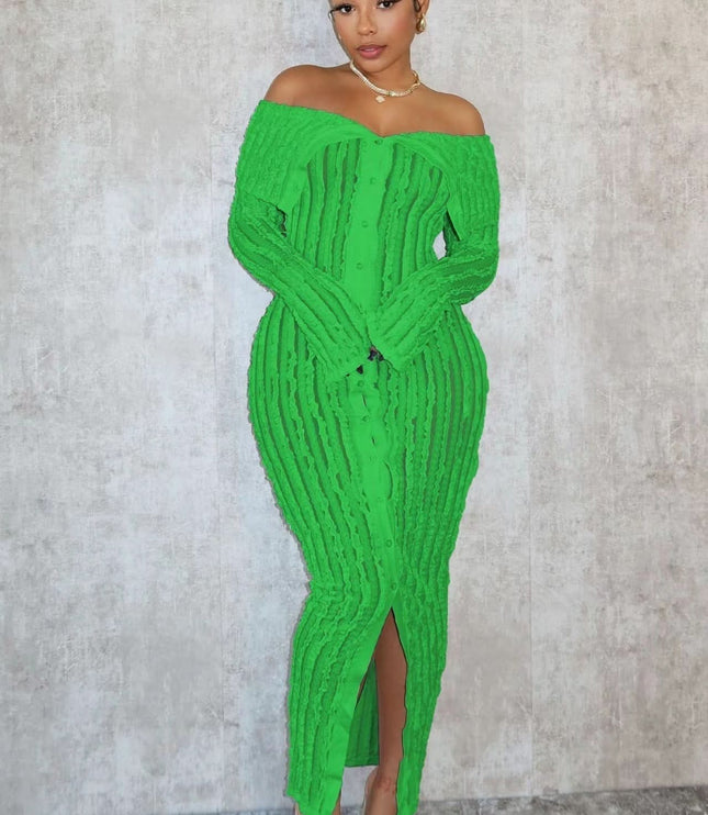 Green off shoulder midi dress with long sleeves, ribbed texture and front slit