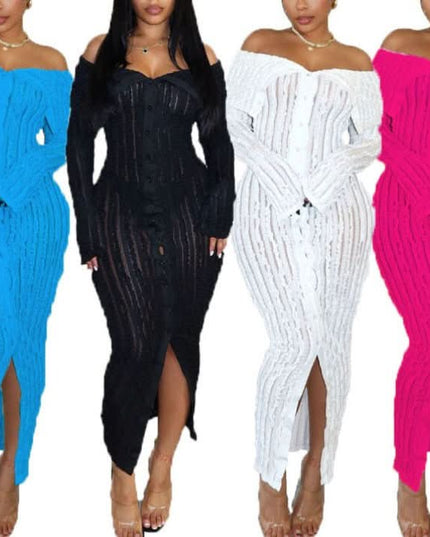 Color variety view of off shoulder long sleeve midi dress in blue, black, white and pink