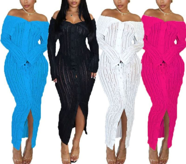 Color variety view of off shoulder midi dress in blue, black, white, and pink