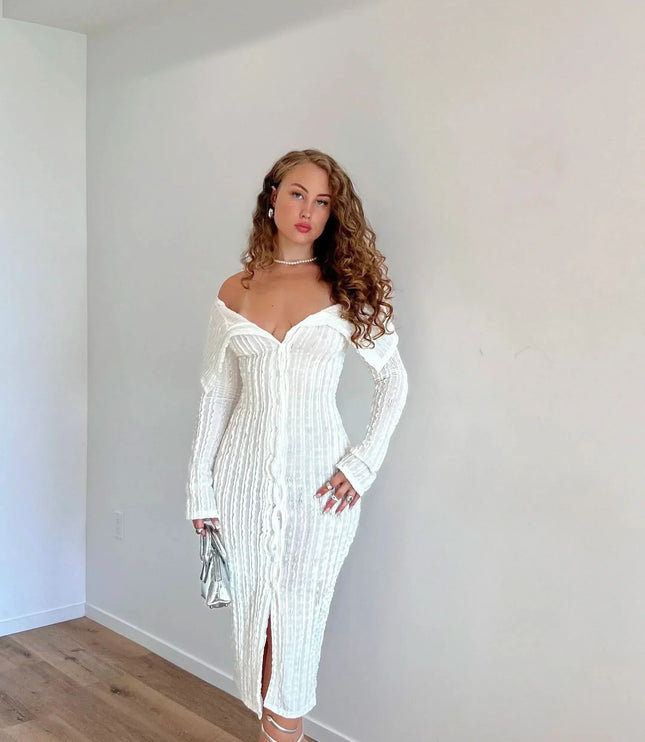 White off shoulder midi dress with long sleeves, ribbed texture, and front slit