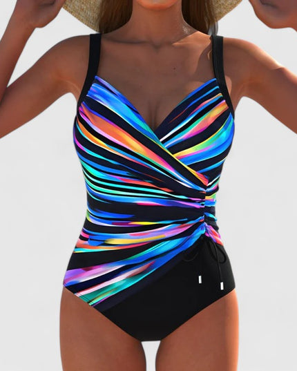 Colorful rainbow striped wrap bodice one-piece swimsuit with black bottom