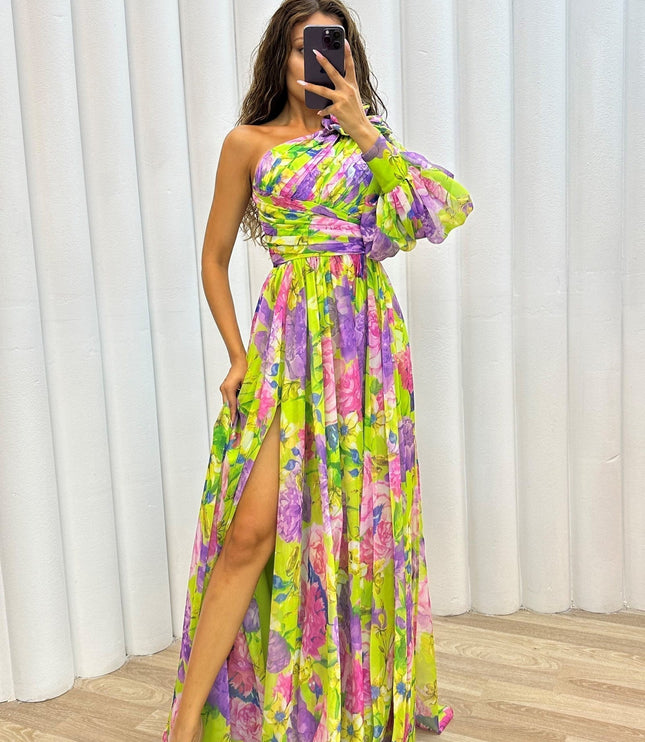 One shoulder puff sleeve maxi dress with vibrant floral print and high slit