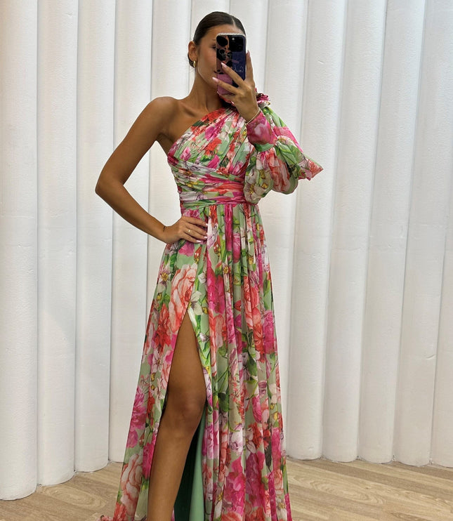 Floral maxi dress with asymmetric one shoulder and voluminous puff sleeve detail