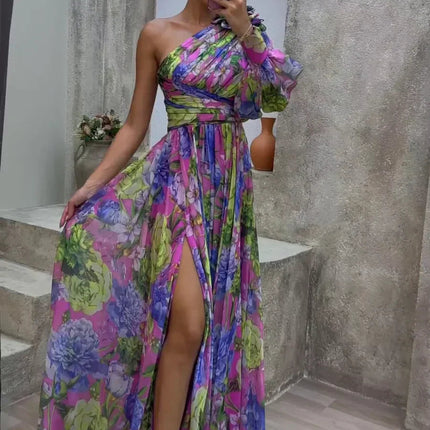 Floral one shoulder maxi dress with puff sleeve in purple, pink, and lime green