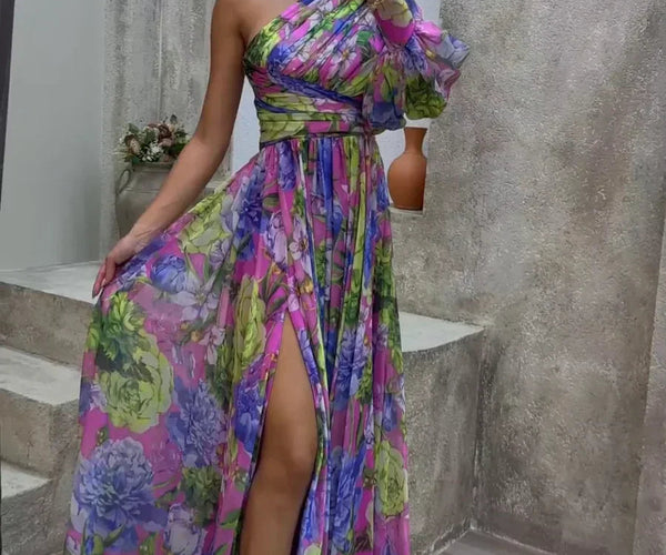 Women's One Shoulder Floral Puff Sleeve Wedding Guest Maxi Dress – Lavirel