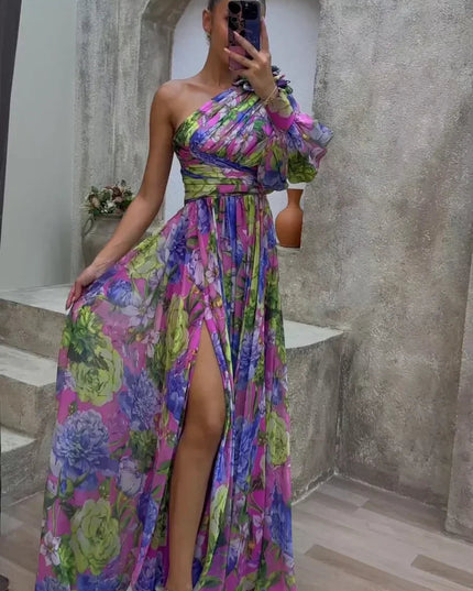 Floral one shoulder maxi dress with puff sleeve in purple, pink, and lime green