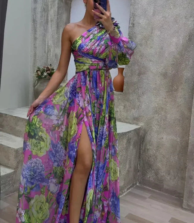 Women's One Shoulder Floral Puff Sleeve Wedding Guest Maxi Dress – Lavirel