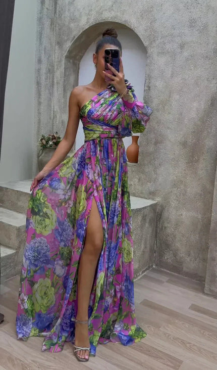 Floral one shoulder maxi dress with puff sleeve in purple, pink, and lime green