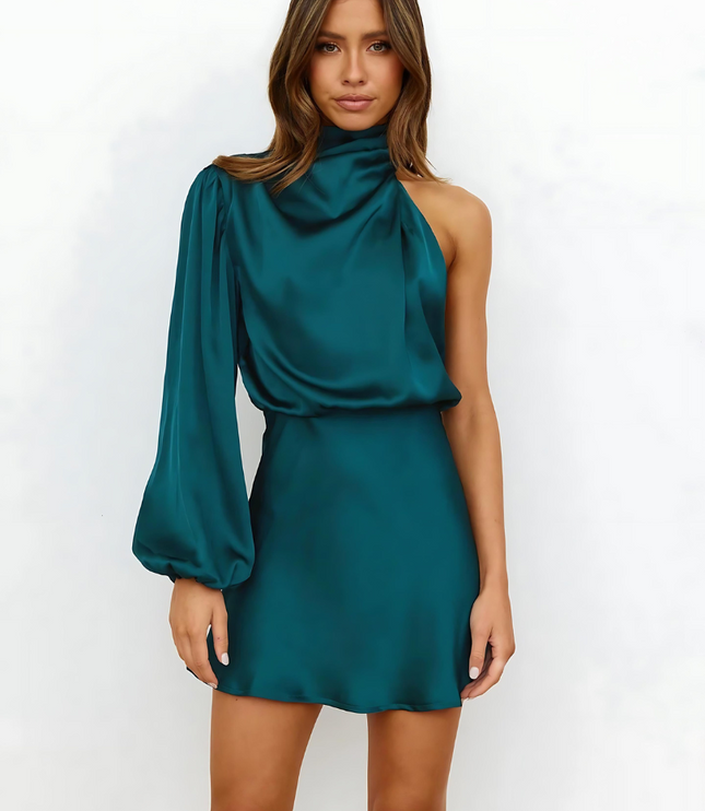 Front view of a fuchsia pink one-shoulder long sleeve satin mini dress, with a high neck and silhouette.