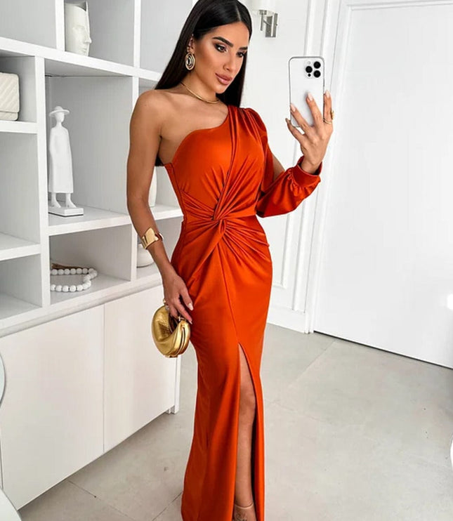 Orange one shoulder satin maxi dress with long sleeve and front slit