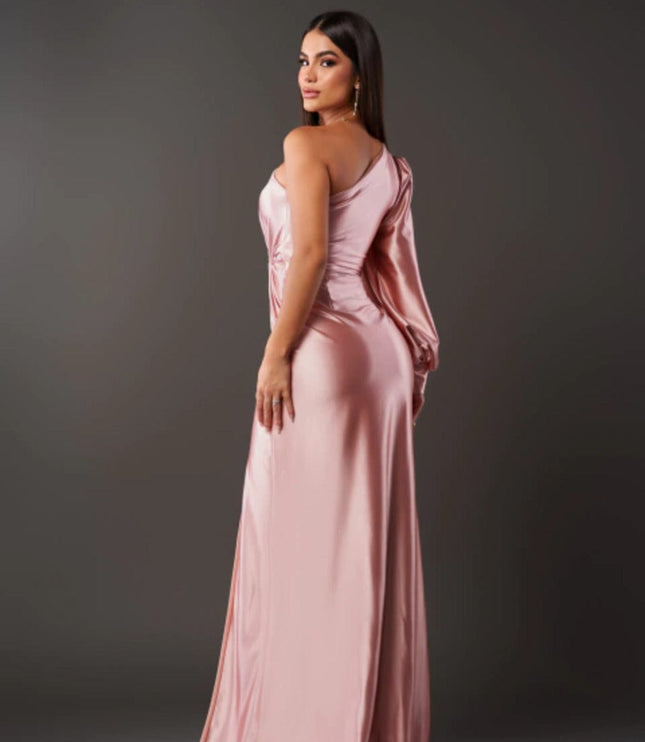 Blush pink one shoulder satin maxi dress with draped detail and thigh slit